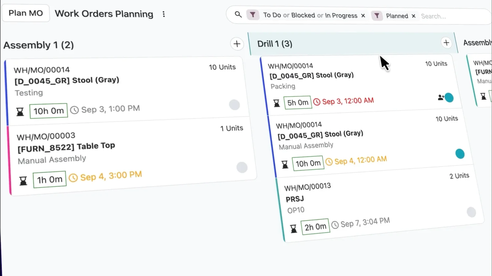Нове Kanban-подання планування робочих замовлень у виробництві, згруповане за робочими центрами
