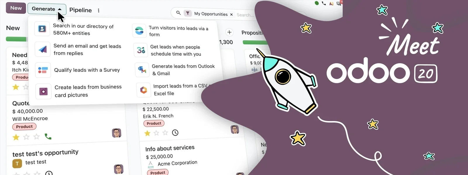Обкладинка анонсу Odoo 20: меню генерації лідів у CRM поруч із логотипом нової версії